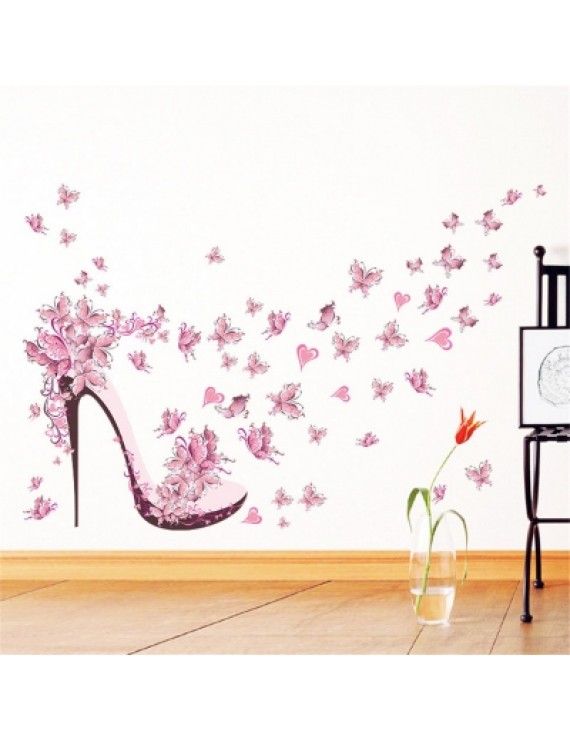 Pink Butterfly High Heels Wall Art Sticker Home Decoration Waterproof Removable Decals
