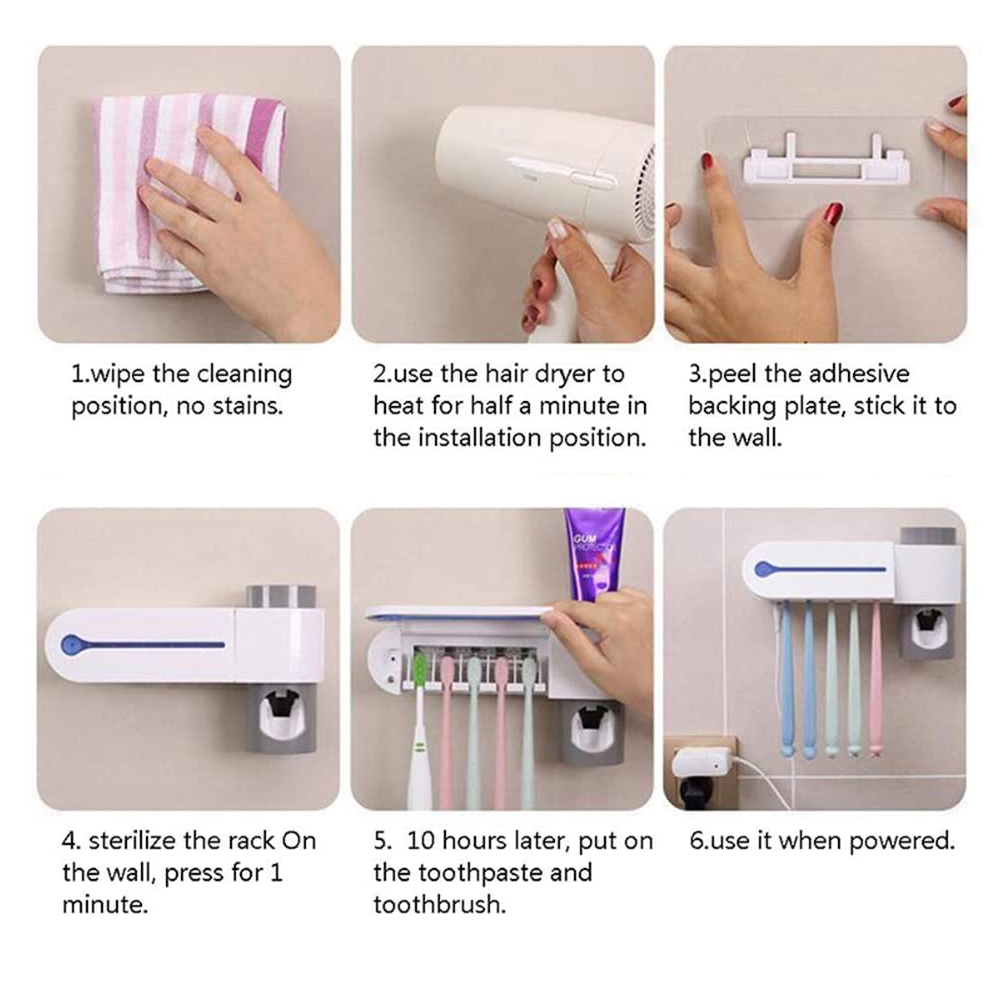 UV Toothbrush Holder USB Rechargeable 4 Toothbrush Sterilizer Holder Wall Mounte - White